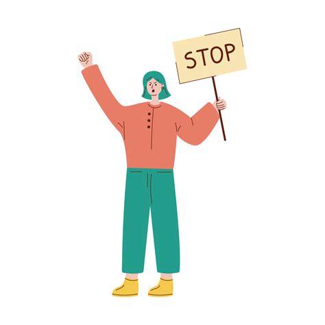 Vector Illustration With Protesting Woman Girl With Placards Protest