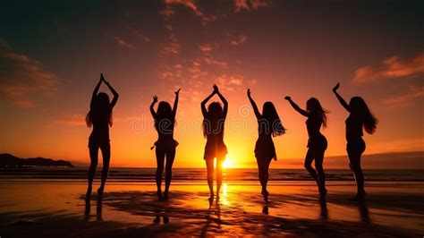 Silhouette Of Happy Women Friends Dancing At Beach Party At Sunset