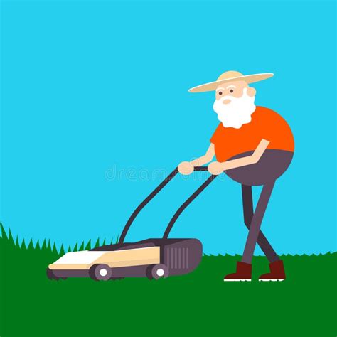 Old Farmer Mowing Grass Lawn Mower Color Vector Flat Cartoon Icon