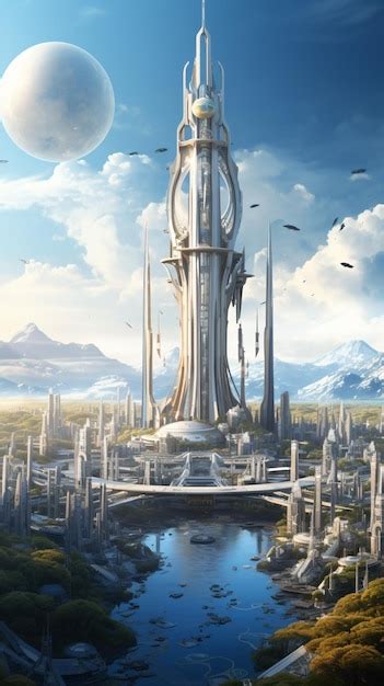 Premium AI Image | a futuristic city with a clock tower in the middle of it