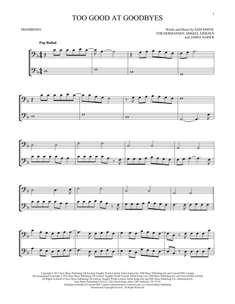 Too Good At Goodbyes By Sam Smith Sheet Music For Trombone Duet At