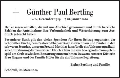 Traueranzeigen von Günther Paul Bertling sh z Trauer