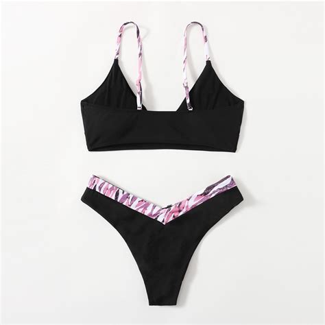 Leaf Print High Cut Bikini Swimsuit V Neck High Cut Beach Bikinis Set Power Day Sale