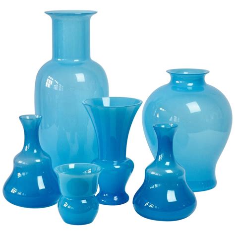 Cenedese Ensemble Of Light Blue Vintage Italian Murano Art Glass Vases And Vessels For Sale At