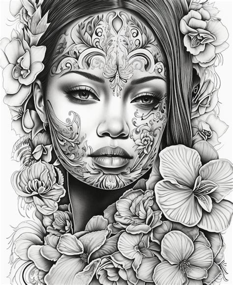 Um Desenho Preto E Branco De Uma Mulher Flores E As Palavras Maya