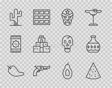 Set Line Hot Chili Pepper Pod Nachos Mexican Wrestler Revolver Gun Cactus Chichen Itza In
