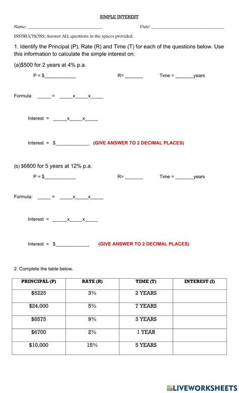 Simple Interest Worksheet 1 Worksheet Live Worksheets Worksheets