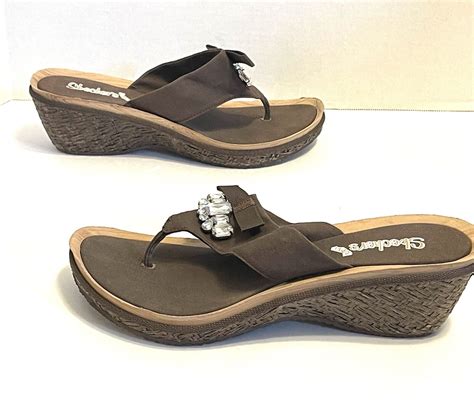 Skechers Vintage Wedge Heel Sandals Brown Flip Flops … - Gem