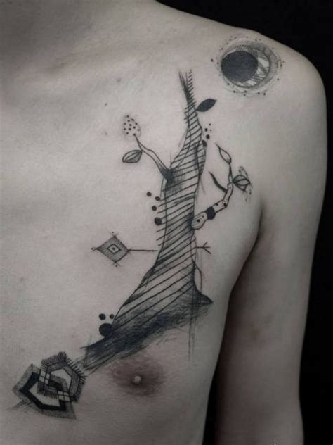 Surrealism style black ink chest tattoo of interesting looking tree ...