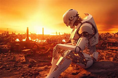 Sad Humanoid Robot Against Destroyed Earth Stock Illustration