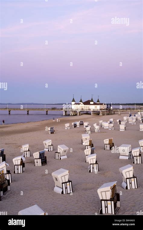 Hooded Beach Chairs On Beach With Pier In Background Ahlbeck Usedom