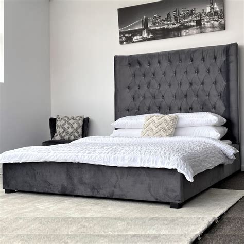 Aspen Queen Bed Frame Studded Fabric Grey Plush Velvet Upholstered Tall