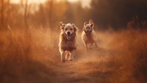 Golden Retriever Puppy Running In Autumn Meadow Generated By Ai Stock