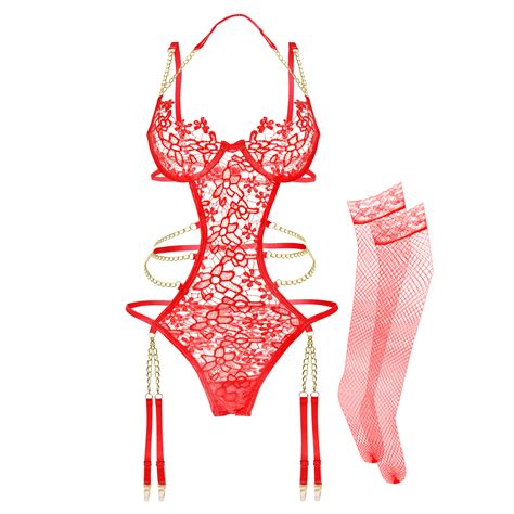 Women Lingerie Set 2 Piece Lingerie With Garter Belt Floral Lace Underwire Bra And Panty Sets