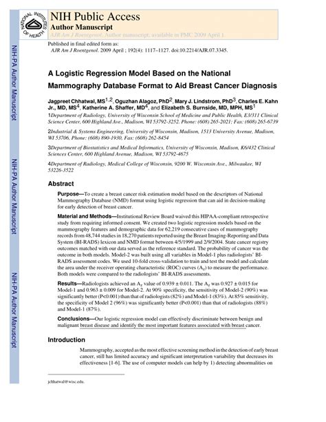 Pdf A Logistic Regression Model Based On The National Mammography