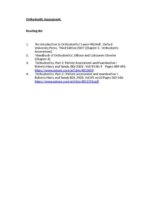 Orthodontic Assessment reading list - Orthodontic Assessment Reading