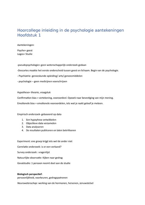 Inleiding In De Psycholgie Aantekeningen Hoorcollege Inleiding In De