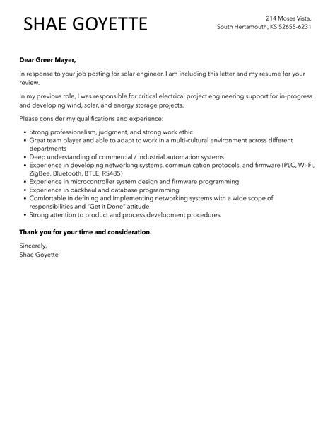 Solar Engineer Cover Letter Velvet Jobs