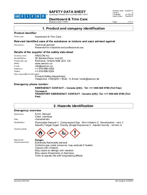 Fillable Online Safety Data Sheet According To Whmis 2015 Fax Email