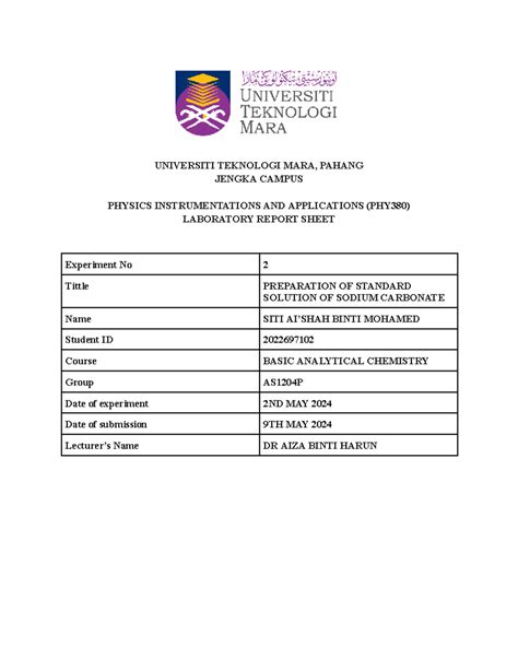 CHM256 Data Sheet Experiment 2 UNIVERSITI TEKNOLOGI MARA PAHANG