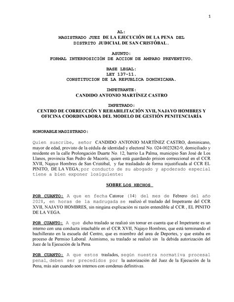 Acci N De Amparo Preventivo Al Magistrado Juez De La Ejecuci N De La