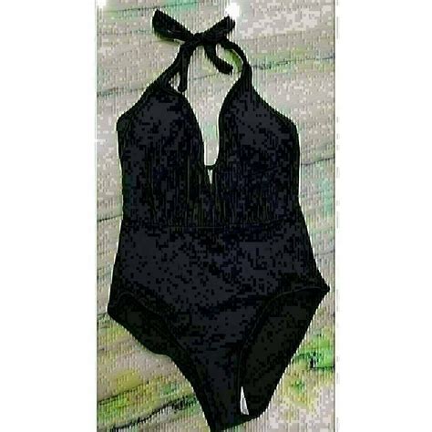 Sunn Lab Swim Plunge V Neck Halter One Piece Swimsuit Black M Nwt