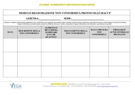 Fac simile Modulo registrazione non conformità HACCP Vega Engineering