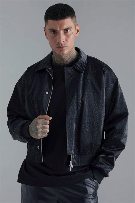 Mens Crinkle Pu Boxy Oversized Bomber Jacket Boohoo Uk