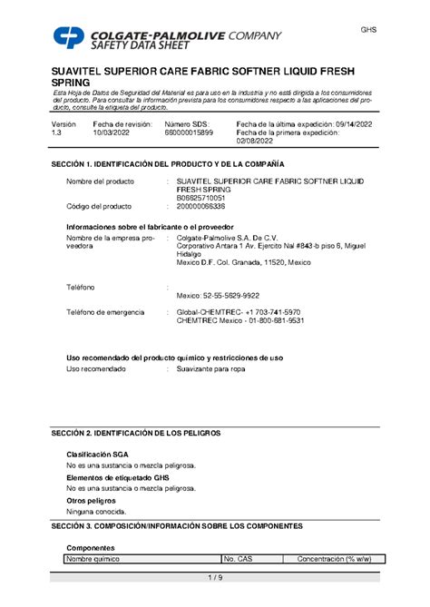 4 Hds Hoja De Datos De Seguridad Suavitel Superior Care Fresh
