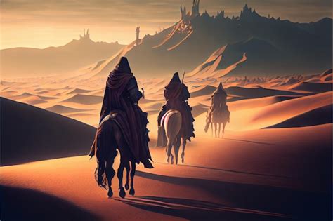 Premium Ai Image A Painting Of Three People Riding Horses In The Desert