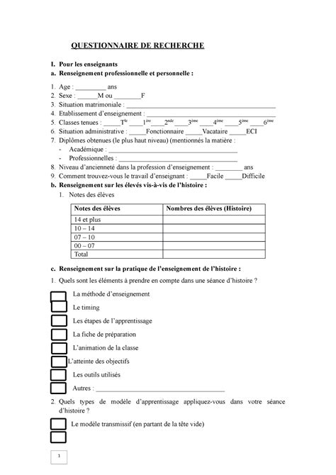 Questionnaire D Enqu Tes Sur Le Terrain Outil De Collecte Des Donn Es