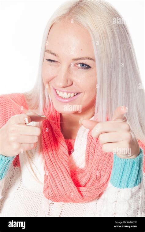 Blonde Girl Shows Fingers Direction Stock Photo Alamy