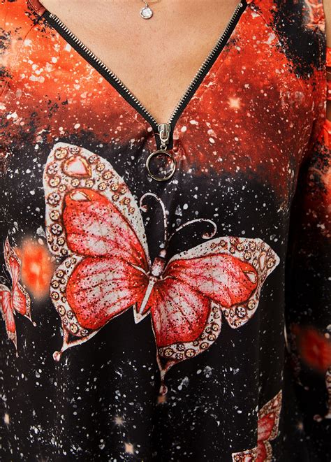 Quarter Zip Cold Shoulder Butterfly Print T Shirt Modlily Usd