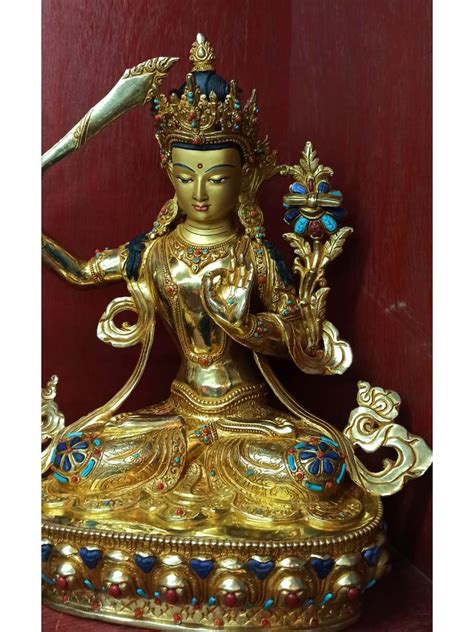 Buddhist Statue Of Manjushri Manjushree Full Gold Plated Stone