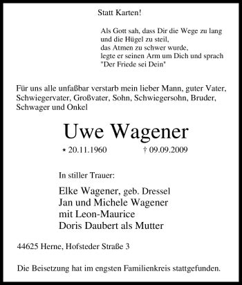 Traueranzeigen Von Uwe Wagener Trauer In Nrw De