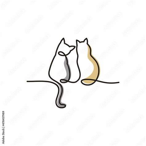 Back view of continuous line drawing of two cats - cute pet sitting back with crooked tail ...