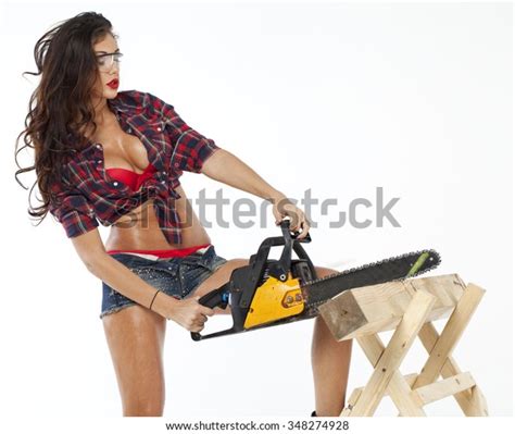 Sexy Brunette Plaid Shirt Isolated On Stock Photo 348274928 Shutterstock