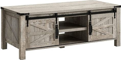 Okd Farmhouse Sturdy Coffee Table With Sliding Barn Doors And Storage