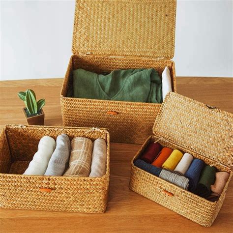 Woven Wicker Storage Bins With Lid Set Of 3 Rectangular Seagrass