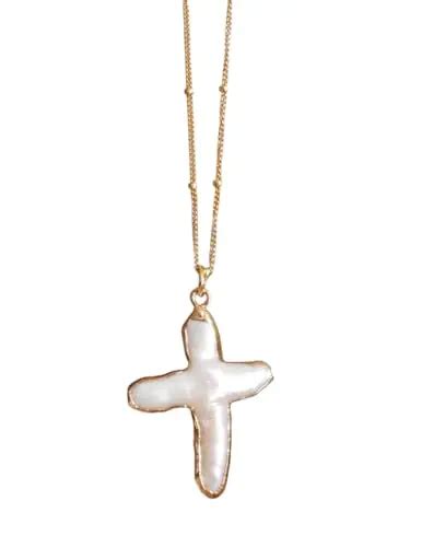 Vintage Natural Freshwater Pearl Cross Necklace Golden Copper Alloy