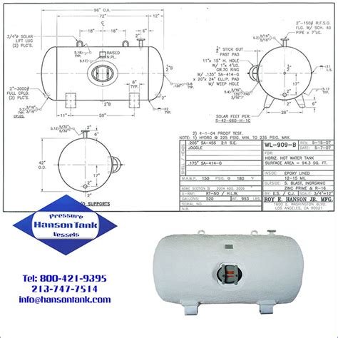 WL B Gallon Epoxy Lined Hot Water Tank Hanson Tank Asme Code Pressure Vessel Mfg