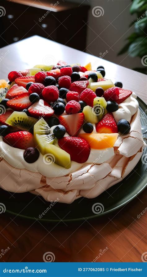 Vestimenta Sobre A Sobremesa De Pavlova Decorada Frutas E Bagas