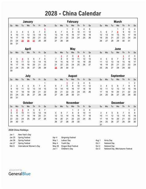 2028 China Calendar with Holidays