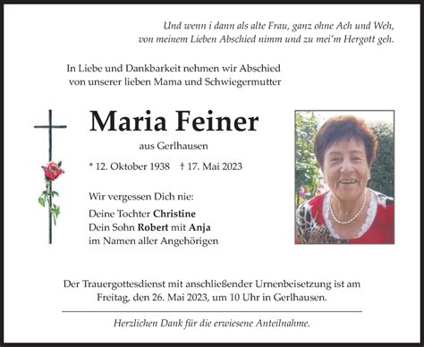 Traueranzeigen Von Maria Feiner Trauermerkurde