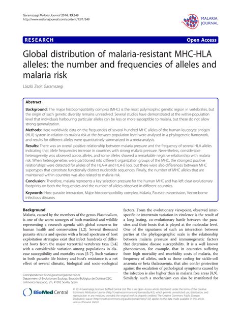 Pdf Global Distribution Of Malaria Resistant Mhc Hla Alleles The