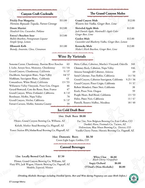 Menu at El Tovar Dining Room pub & bar, Grand Canyon Village, 1 El Tovar Rd