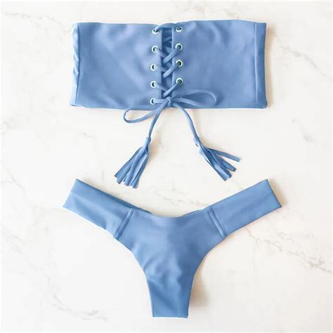 Sexy Bandeau Bikini Set Solid String Swimsuits For Women Swimming Suit