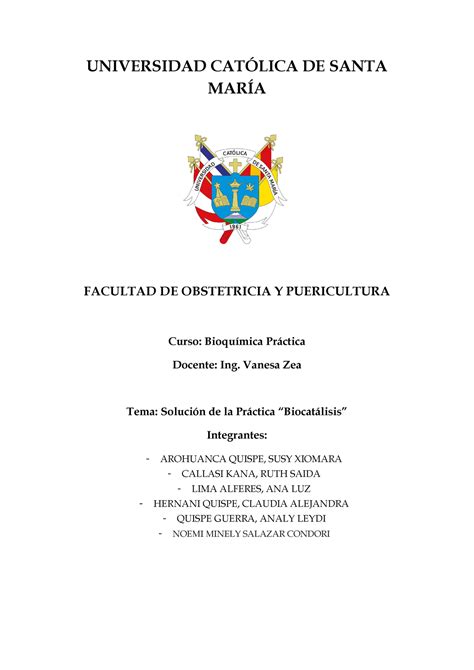 Biocatalisis Grupo 2 UNIVERSIDAD CATLICA DE SANTA MARÕA FACULTAD