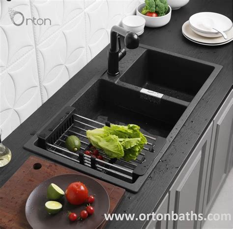 Ortonbath Matte Black Rectangular Topmount Quartz Granite Kitchen Sink