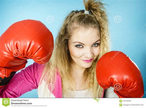 Funny Girl In Red Gloves Playing Sports Boxing Stock Photo Image Of